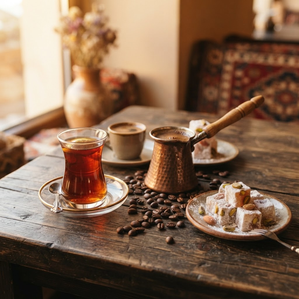Çay, kahve, cezve demlik, lokum
