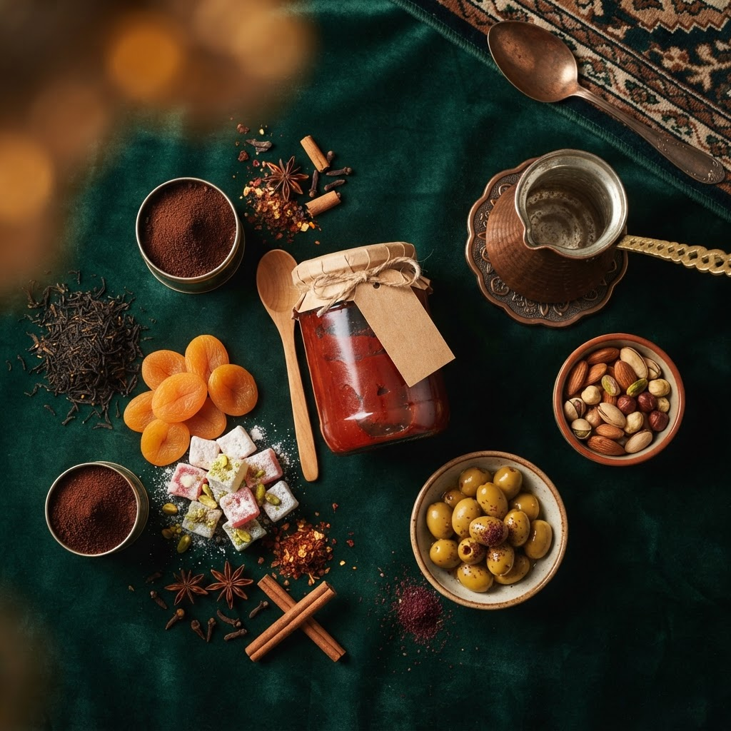 Salça, çay, kuruyemiş, zeytin ve lokum gibi geleneksel Türk ürünlerinden oluşan bir düzenleme